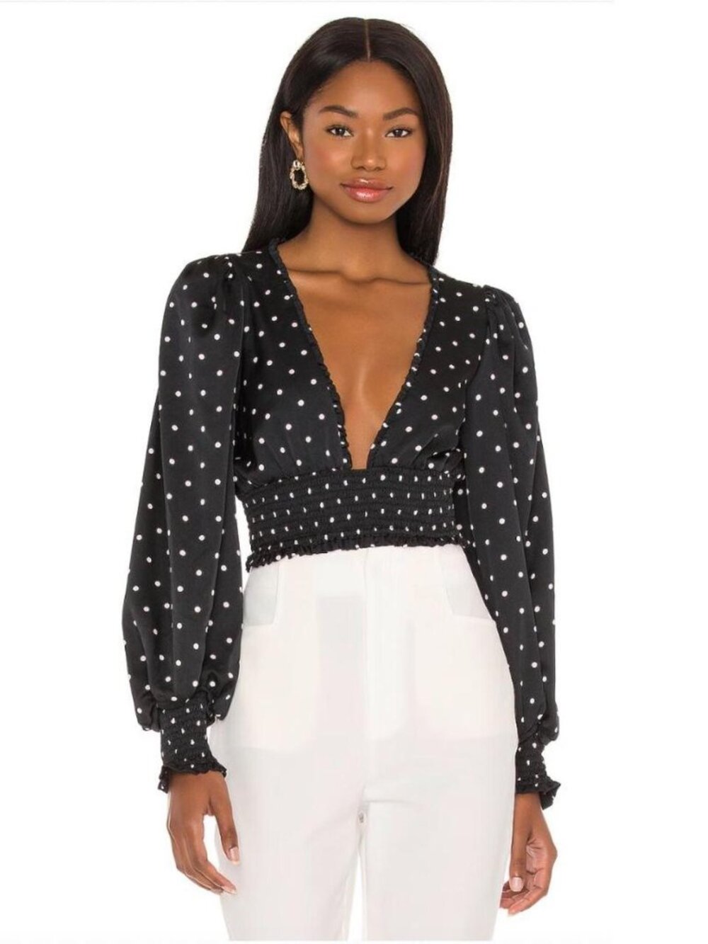 For Love & Lemons | Black Pink Polkadot "Carissa" Satin Volume Sleeve Crop Top M